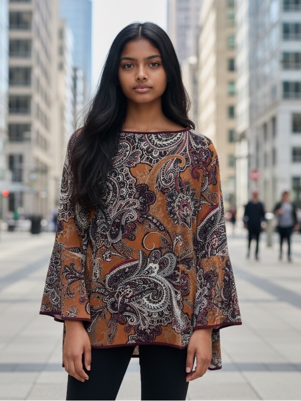 MSK Boho Paisley Bell Sleeve Blouse Top Mustard Burgundy Small